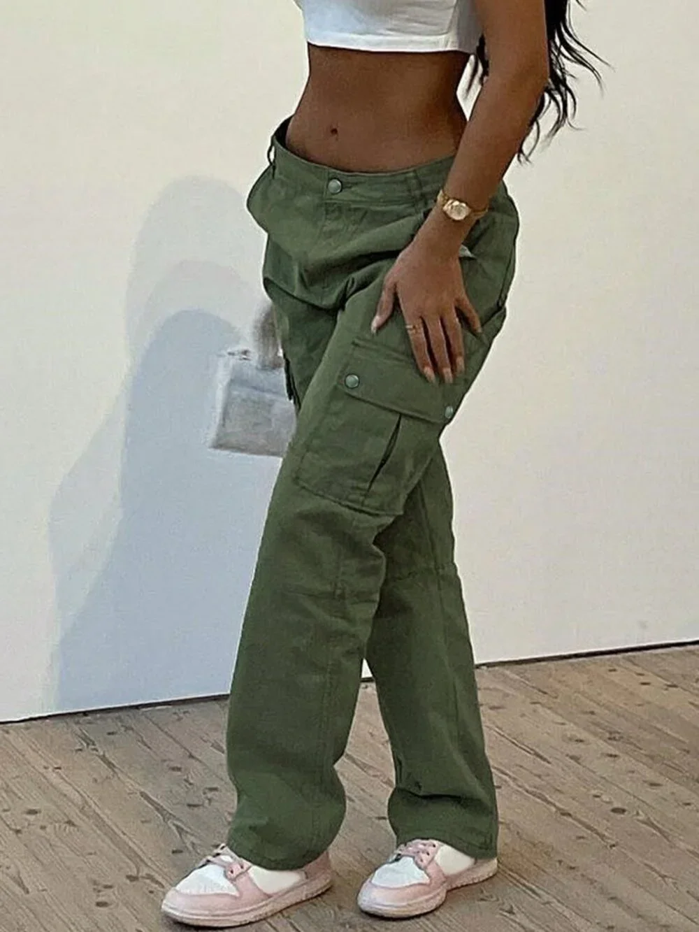 Women's Y2k Style Military Green Multi-Pocket Casual Cargo Pants